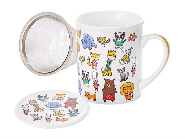 Tasse mit bunten Tiermotiven, bunte Tiertasse, Porzellan, 3-teilig mit Edelstahlsieb 0,25l